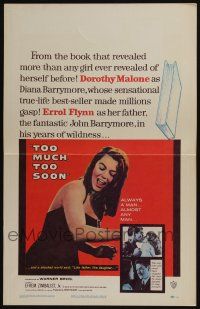 4c469 TOO MUCH, TOO SOON WC '58 Errol Flynn, sexy Dorothy Malone as Diana Barrymore!