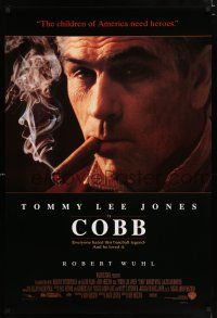 4d152 COBB DS 1sh '94 baseball, close-up of cigar smoking Tommy Lee Jones as Ty Cobb!