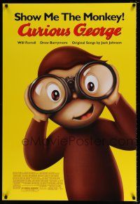 4d171 CURIOUS GEORGE DS 1sh '06 Will Ferrell & Drew Barrymore, art of cute monkey w/ binoculars!