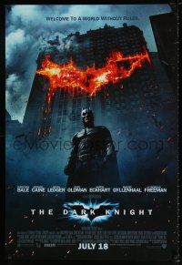 4d177 DARK KNIGHT int'l advance DS 1sh '08 Christian Bale as Batman in front of flaming building!
