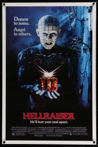 4d335 HELLRAISER 1sh '87 Clive Barker horror, great image of Pinhead, he'll tear your soul apart!
