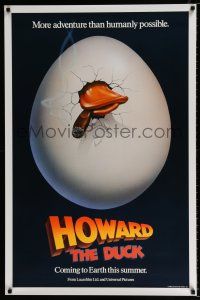 4d355 HOWARD THE DUCK teaser 1sh '86 George Lucas, great art of hatching egg with cigar in mouth!
