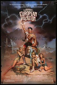 4d533 NATIONAL LAMPOON'S EUROPEAN VACATION 1sh '85 Vallejo art of Chevy Chase, Beverly D'Angelo!