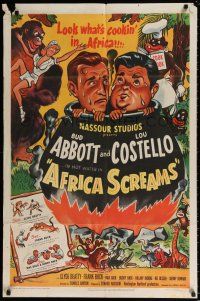 4f023 AFRICA SCREAMS 1sh '49 wacky art of Bud Abbott riding Lou Costello cooking in cauldron!