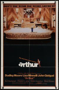 4f057 ARTHUR int'l 1sh '81 image of drunken Dudley Moore in huge bath tub w/martini!