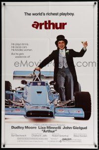 4f056 ARTHUR int'l 1sh '81 different image of drunk Dudley Moore by F1 race car!