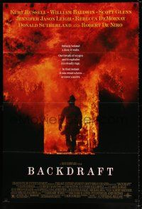 4f063 BACKDRAFT DS 1sh '91 firefighter Kurt Russell in blazing fire, directed by Ron Howard!