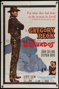 4f119 BRAVADOS 1sh '58 full-length art of cowboy Gregory Peck with gun & sexy Joan Collins!