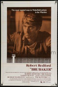 4f126 BRUBAKER 1sh '80 warden Robert Redford is the most wanted man in Wakefield prison!