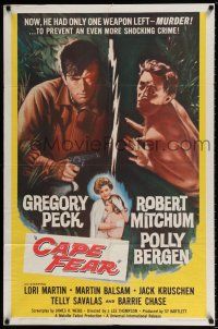 4f144 CAPE FEAR 1sh '62 Gregory Peck, Robert Mitchum, Polly Bergen, classic noir, Terror!