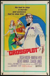 4f187 CROSSPLOT int'l 1sh '70 cool artwork of spy Roger Moore & sexy Claudie Lange!