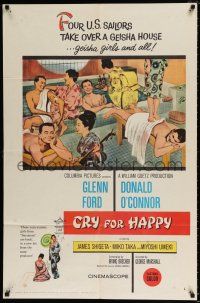 4f188 CRY FOR HAPPY 1sh '60 Glenn Ford & Donald O'Connor take over a geisha house & the girls too!