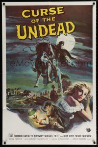 4f190 CURSE OF THE UNDEAD 1sh '59 art of fiend on horseback in graveyard by Reynold Brown!