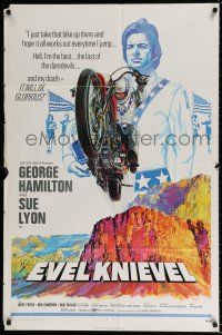 4f238 EVEL KNIEVEL 1sh '71 George Hamilton is THE daredevil, great art of motorcycle jump!