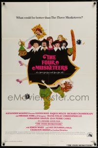 4f288 FOUR MUSKETEERS style B 1sh '75 Raquel Welch, Oliver Reed, great wacky Walter Velez art!