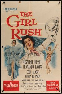 4f316 GIRL RUSH 1sh '55 artwork of sexy showgirl Rosalind Russell in Las Vegas!