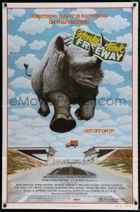 4f369 HONKY TONK FREEWAY 1sh '81 cool giant flying rhinoceros art, Beau Bridges, Beverly D'Angelo!