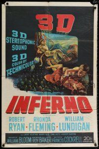 4f398 INFERNO 1sh '53 3-D image of William Lundigan & Rhonda Fleming embracing over audience!