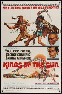 4f435 KINGS OF THE SUN style A 1sh '64 art of Yul Brynner with spear fighting George Chakiris!