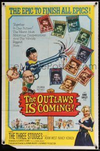 4f618 OUTLAWS IS COMING 1sh '65 The Three Stooges with Curly-Joe are wacky cowboys!