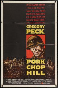 4f669 PORK CHOP HILL 1sh '59 Lewis Milestone directed, cool art of Korean War soldier Gregory Peck!