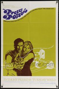 4f677 PRETTY POISON 1sh '68 psycho Anthony Perkins, close-up of crazy Tuesday Weld w/gun!