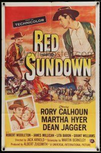 4f708 RED SUNDOWN 1sh '56 great western art of Rory Calhoun, Martha Hyer & Dean Jagger!