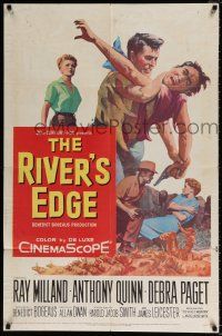 4f727 RIVER'S EDGE 1sh '57 Ray Milland & Anthony Quinn fighting on cliff, Debra Paget