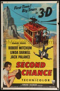 4f779 SECOND CHANCE 1sh '53 cool 3-D art of Robert Mitchum, sexy Linda Darnell & cable car!