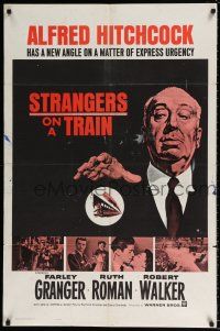 4f854 STRANGERS ON A TRAIN 1sh R61 Farley Granger & Robert Walker in double murder pact, Hitchcock