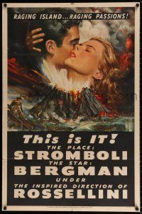 4f859 STROMBOLI 1sh '50 Ingrid Bergman, directed by Roberto Rossellini, cool volcano art!