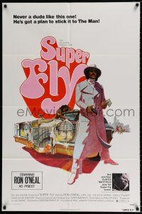 4f868 SUPER FLY 1sh '72 great artwork of Ron O'Neal with car & girl sticking it to The Man!