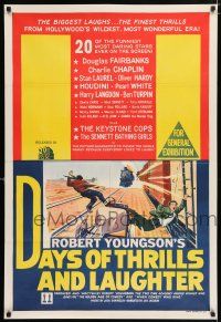 4g180 DAYS OF THRILLS & LAUGHTER Aust 1sh '61 Charlie Chaplin, Laurel & Hardy, cool train chase art!