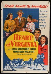 4g195 HEART OF VIRGINIA Aust 1sh '48 Janet Martin, Robert Lowery, Frankie Darro, horse racing art!