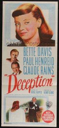 4g761 DECEPTION Aust daybill '46 great close up of Bette Davis + Paul Henreid, Claude Rains!