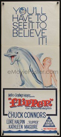 4g788 FLIPPER Aust daybill '63 Chuck Connors, Luke Halpin, cool art of boy & dolphin!