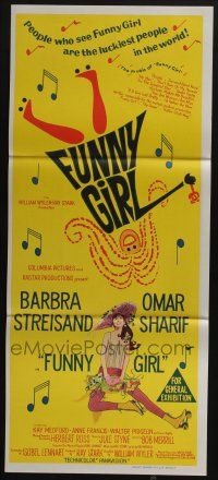 4g799 FUNNY GIRL Aust daybill '69 hand litho of Barbra Streisand, directed by William Wyler!