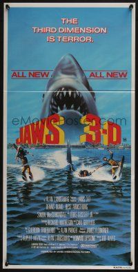 4g842 JAWS 3-D Aust daybill '83 Gary Meyer shark artwork, the third dimension is terror!