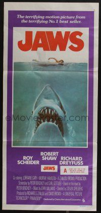 4g841 JAWS Aust daybill '75 art of Steven Spielberg's classic shark attacking sexy swimmer!