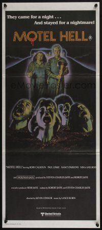 4g877 MOTEL HELL Aust daybill '80 wild horror art, they came for a night, stayed for a nightmare!