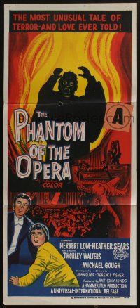 4g897 PHANTOM OF THE OPERA Aust daybill '62 Hammer horror, Herbert Lom, cool art by Reynold Brown!