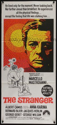 4g951 STRANGER Aust daybill '68 Luchino Visconti's Lo Straniero, cool art of Mastroianni!