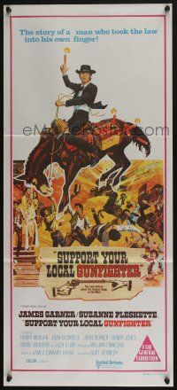 4g955 SUPPORT YOUR LOCAL GUNFIGHTER Aust daybill '71 wacky art of cowboy James Garner on donkey!