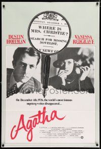 4g005 AGATHA English 1sh '79 Dustin Hoffman, Vanessa Redgrave as Agatha Christie, magnifying glass