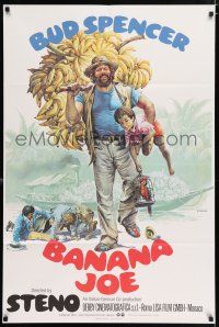 4g009 BANANA JOE English 1sh '82 wacky art of Bud Spencer carrying bananas and little boy w/parrot