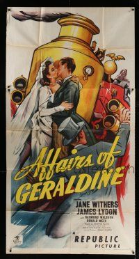 4j275 AFFAIRS OF GERALDINE 3sh '46 art of bride Jane Withers & groom James Lydon on firetruck!