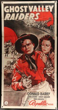 4j428 GHOST VALLEY RAIDERS 3sh '40 art of cowboy Don Red Barry with two guns protecting Lona Andre