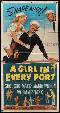 4j430 GIRL IN EVERY PORT 3sh '52 artwork of wacky sailor Groucho Marx & sexy Marie Wilson!