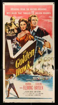 4j439 GOLDEN HAWK 3sh '52 art of pretty Rhonda Fleming & swashbuckler Sterling Hayden with gun!