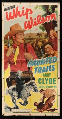 4j455 HAUNTED TRAILS 3sh '49 close up of cowboy Whip Wilson with gun, on horse & fighting bad guy!